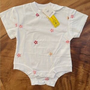 White Baby Onesie with Pink Floral Embroidery